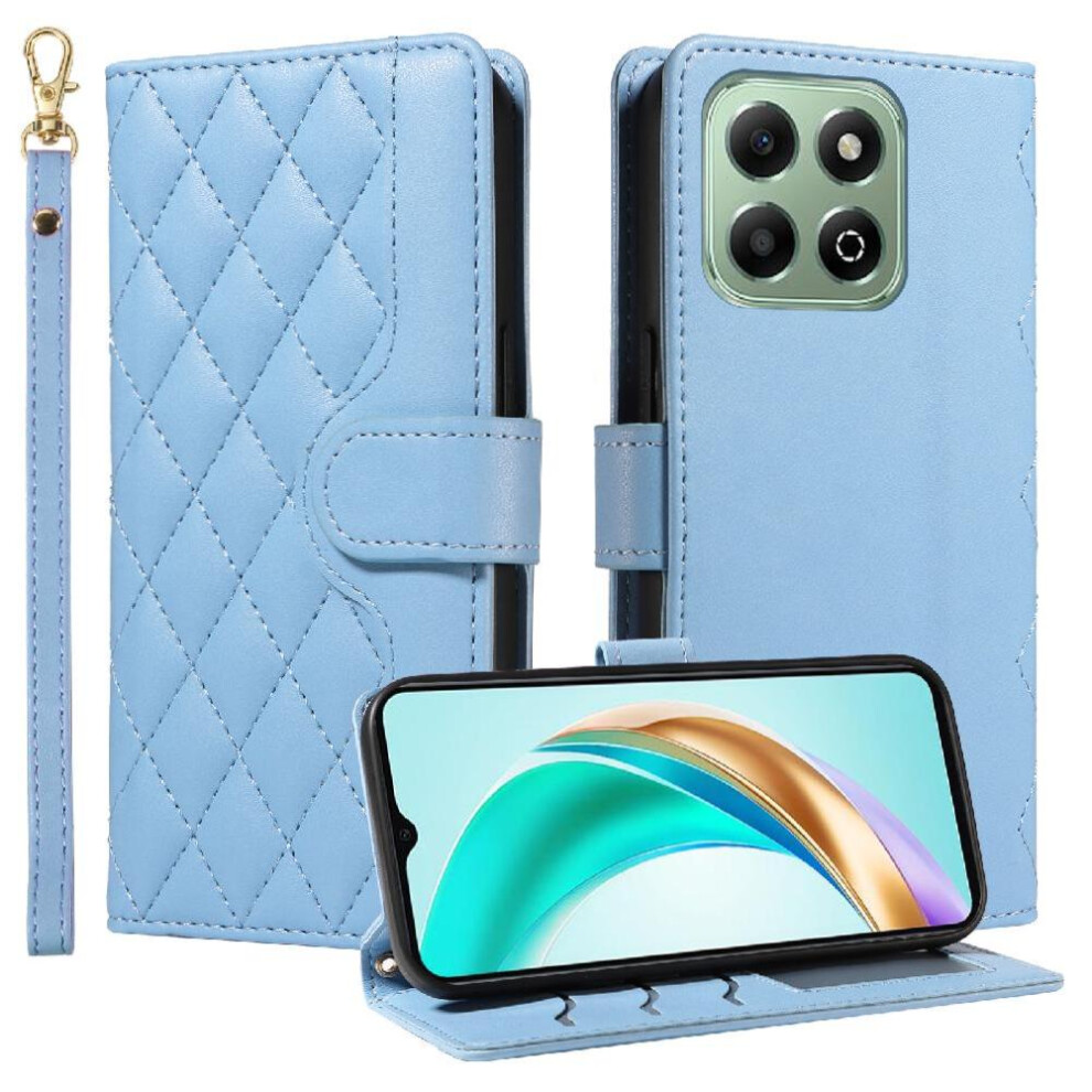 (Blue) Flip Case For Honor X6b Wallet Card Slots Detachable Wrist Strap And Long Lanyard Lattice Flip Folio Phone Case With Stand Blue 764563612369