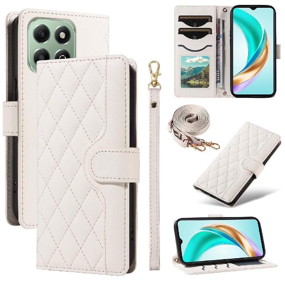 (White) Flip Case For Honor X6b Wallet Card Slots Detachable Wrist Strap And Long Lanyard Lattice Flip Folio Phone Case With Stand White 764563612383