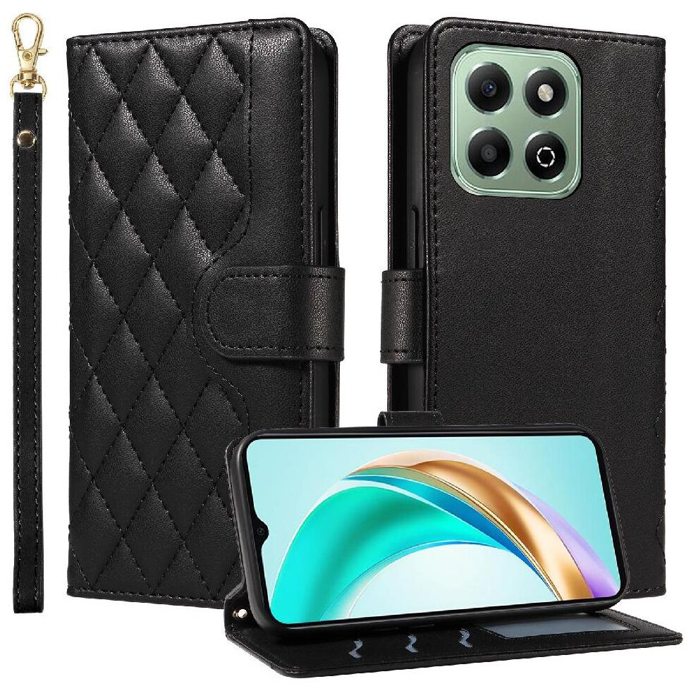 (Black) Flip Case For Honor X6b Wallet Card Slots Detachable Wrist Strap And Long Lanyard Lattice Flip Folio Phone Case With Stand Black 764563612321