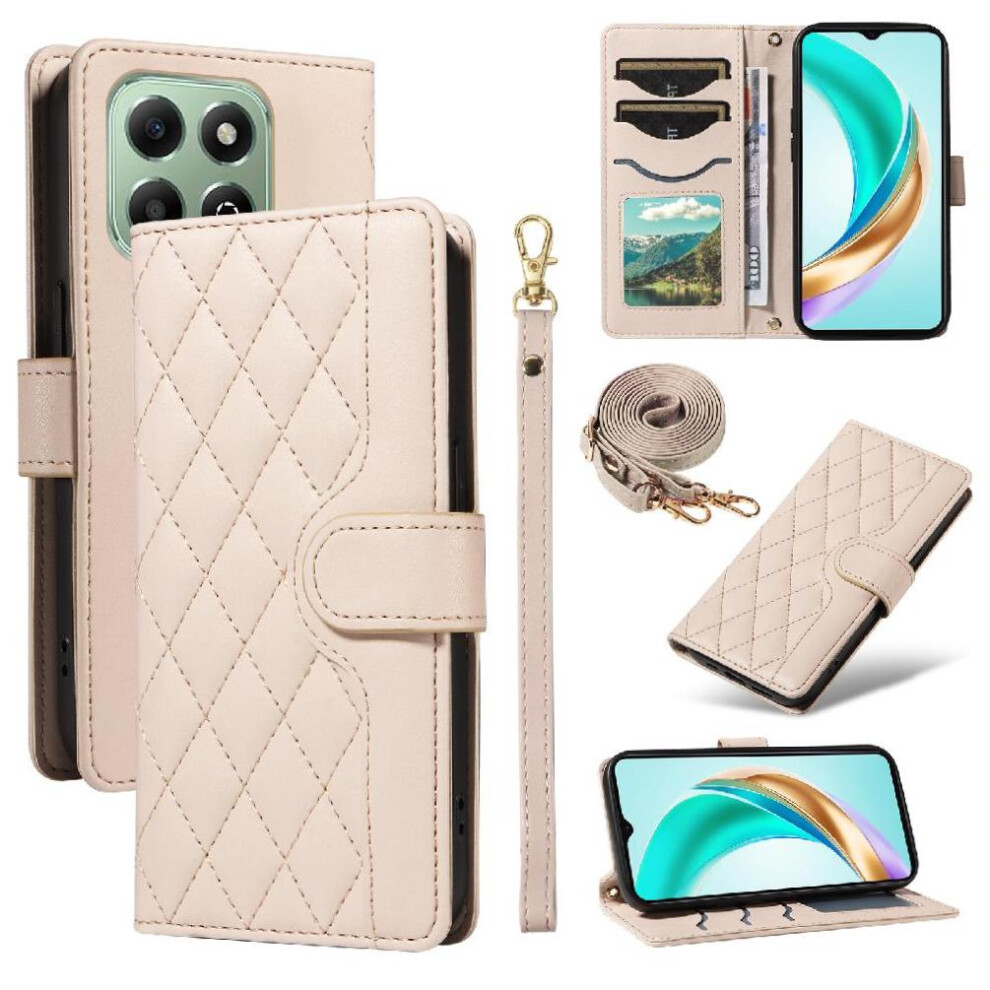 (Creamy ) Flip Case For Honor X6b Wallet Card Slots Detachable Wrist Strap And Long Lanyard Lattice Flip Folio Phone Case With Stand White 764563612352