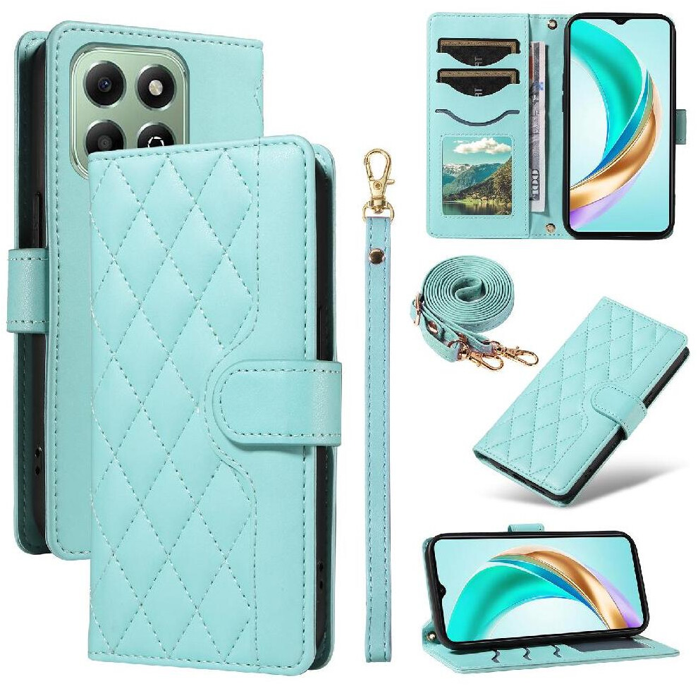(Green) Flip Case For Honor X6b Wallet Card Slots Detachable Wrist Strap And Long Lanyard Lattice Flip Folio Phone Case With Stand Green 764563612376