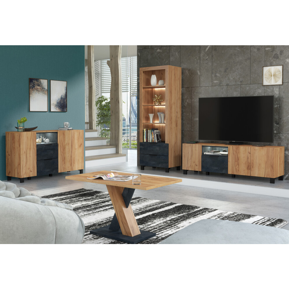 Furneo Living Room Set TV Stand Display Cabinet Sideboard Coffee Table Oak & Black Concrete Effect White LED Lights Enzo 2/4/6/8