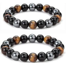 Triple Protection Bracelet, 2pcs Black Obsidian, Tiger Eye, Stone, Hematite, Tiger Eye, Triple Bracelet, Brings Good Luck, Unisex Bracelet, 16cm, Ston