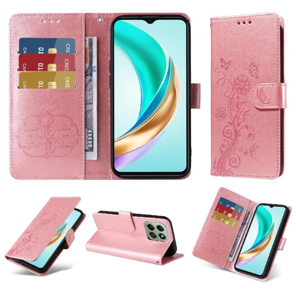 (Rose ) Flip Case For Honor X6b Leather Cardslots Flower Flip Gold 764563613038