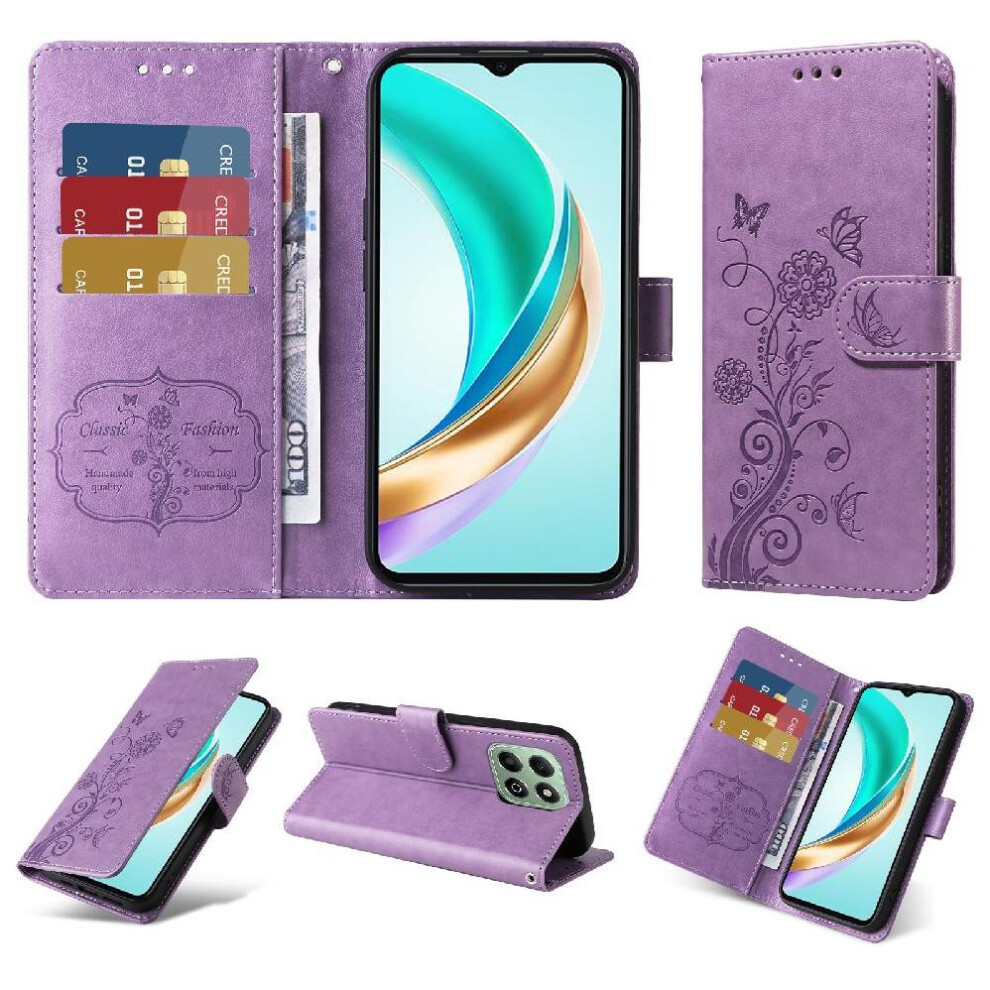 (Purple) Flip Case For Honor X6b Leather Cardslots Flower Flip Purple 764563612994