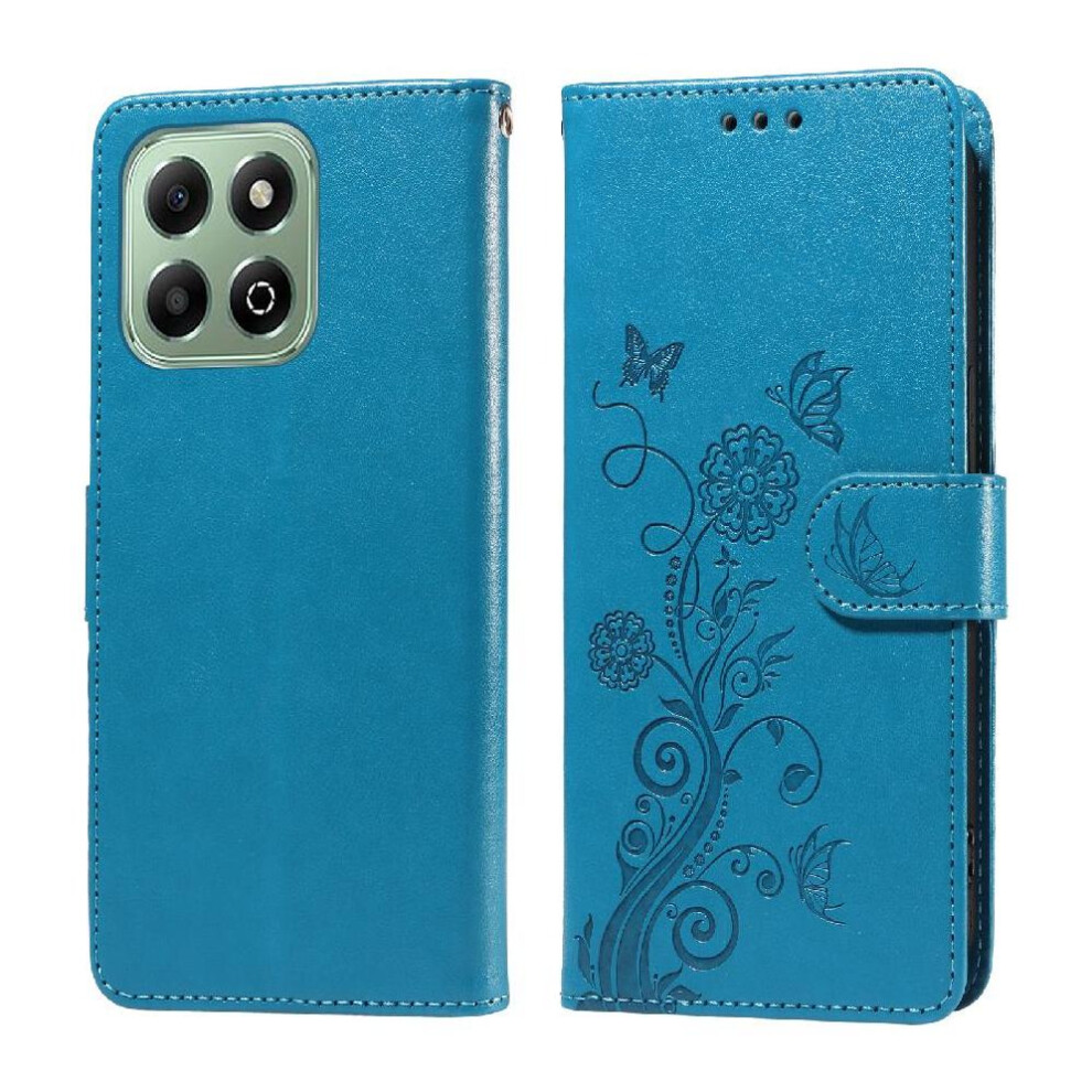 (Blue) Flip Case For Honor X6b Leather Cardslots Flower Flip Blue 764563613014