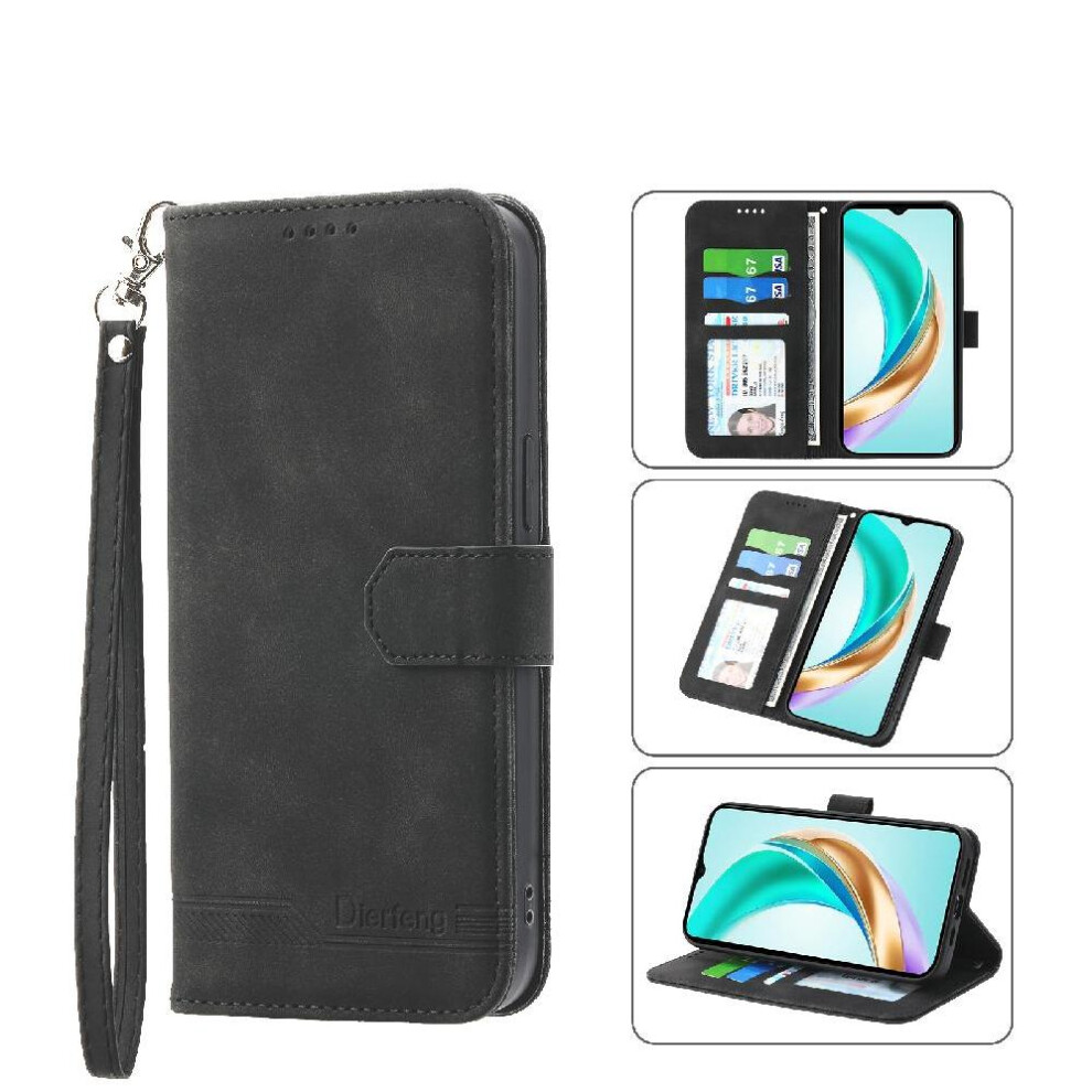 (Black) Flip Case For Honor X6b Cash Pocket Wristband Card Slots Magnetic Closure Premium Black 764563613472