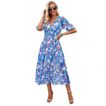 (S, Blue) Puff Sleeve Printed Dress for Spring Summer Comfortable Breathable Clothing for Shopping Dating