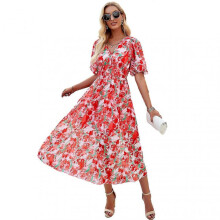 (M, Red) Puff Sleeve Printed Dress for Spring Summer Comfortable Breathable Clothing for Shopping Dating