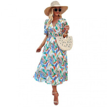 (M, Green) Puff Sleeve Printed Dress for Spring Summer Comfortable Breathable Clothing for Shopping Dating