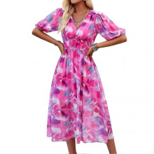 (M, Rose Red) Puff Sleeve Printed Dress for Spring Summer Comfortable Breathable Clothing for Shopping Dating