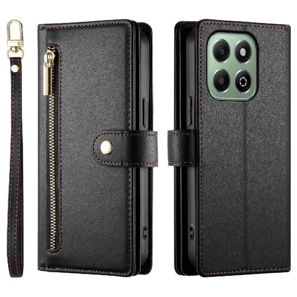 (Black) Flip Case For Honor X6b Wrist Strap Wallet Compartment Multifunctional Card Slots Kickstand Black 764563613809