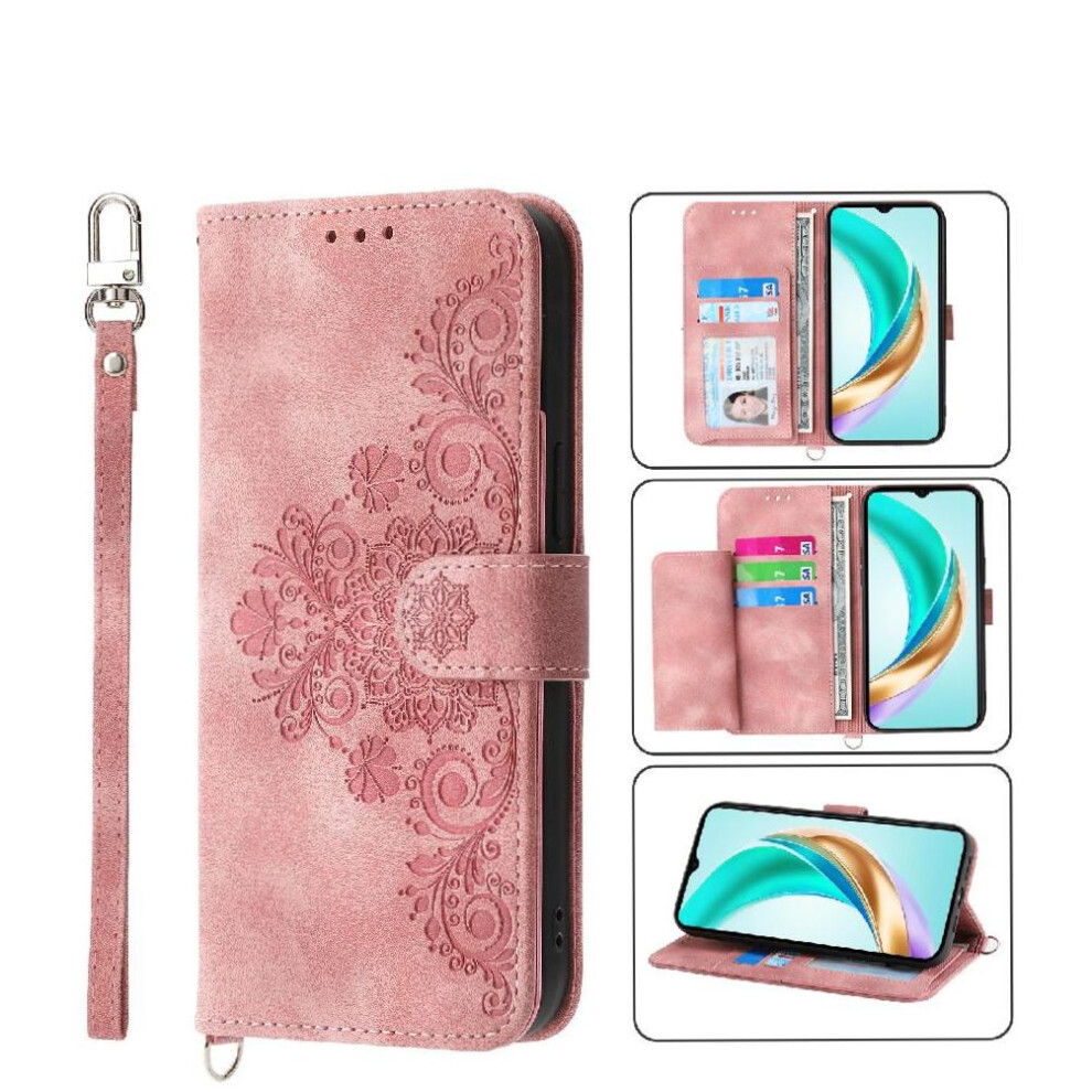 (Pink) Flip Case For Honor X6b Multiple Credit Card Slots Shockproof Wristband Embossed Pink 764563613663