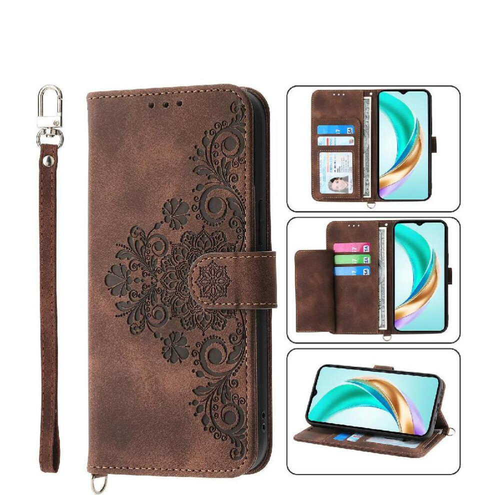 (Brown) Flip Case For Honor X6b Multiple Credit Card Slots Shockproof Wristband Embossed Brown 764563613687