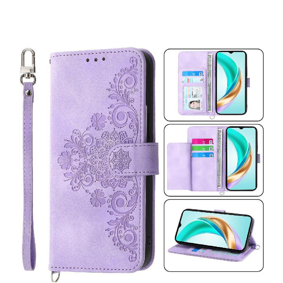 (Purple) Flip Case For Honor X6b Multiple Credit Card Slots Shockproof Wristband Embossed Purple 764563613656