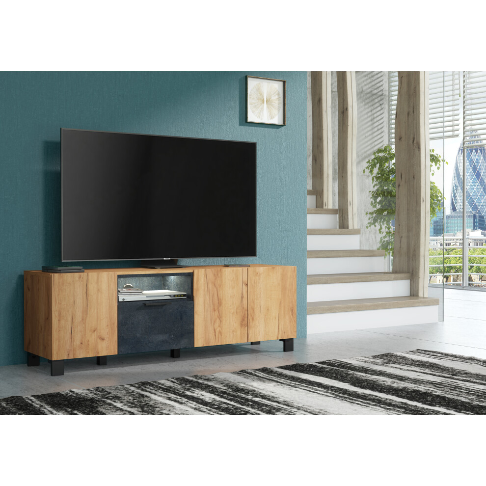 Furneo 150cm TV Stand Oak & Black Concrete Effect Unit Cabinet White LED Lights Enzo 04