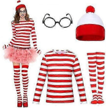 (XL, Women) Adults Wally Costume Set, Red & White Stripe T-Shirt, Hat, Glasses, Socks Outfit Set World Book Day Halloween Fancy Dress for Men Women