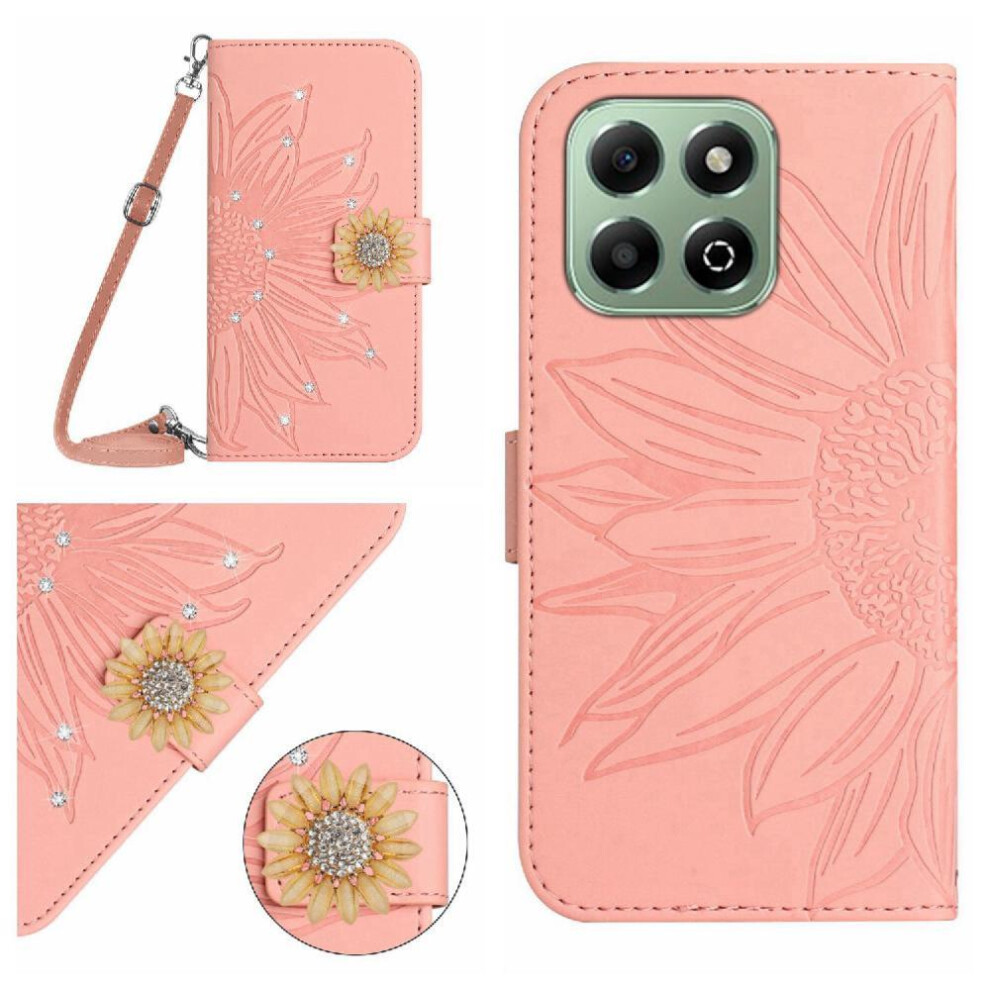 (Pink) Case For Honor X6b Leather Wallet With Card Slot Stand With A Long Lanyard Kickstand Protective Sunflower Pink 764563614332