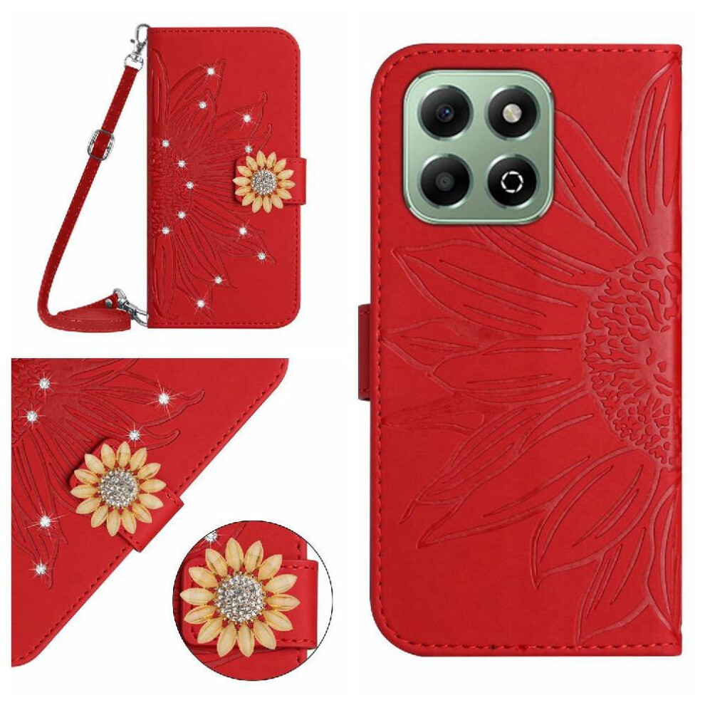 (Red) Case For Honor X6b Leather Wallet With Card Slot Stand With A Long Lanyard Kickstand Protective Sunflower Red 764563614349