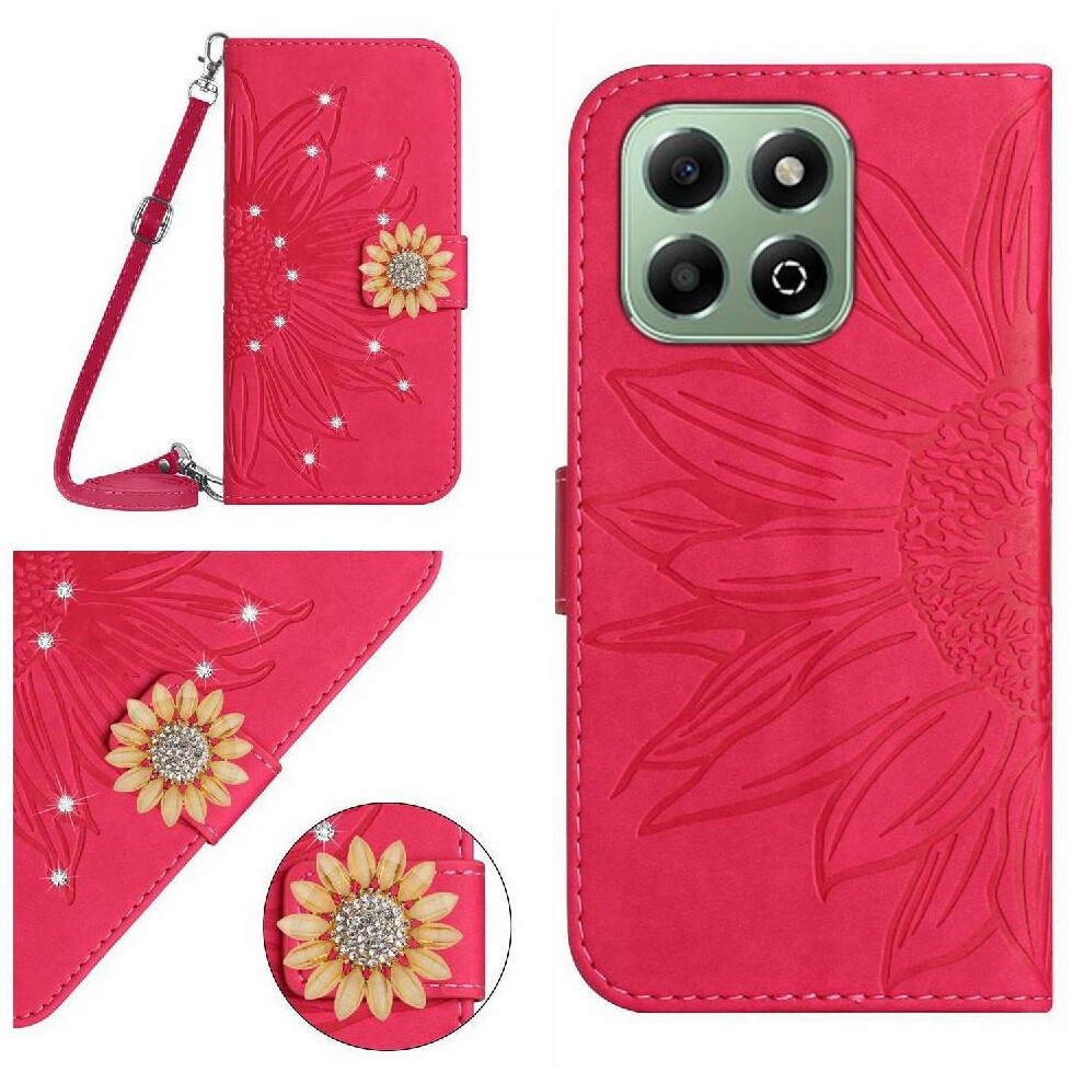 (Rose ) Case For Honor X6b Leather Wallet With Card Slot Stand With A Long Lanyard Kickstand Protective Sunflower Red 764563614400