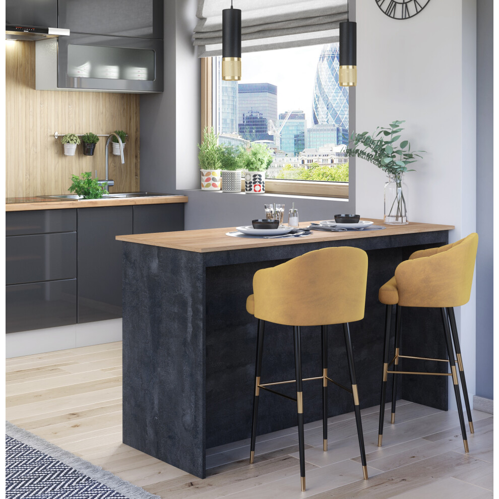 Kitchen Island Modern Breakfast Bar Shelves Black Concrete & Oak Effect KI04