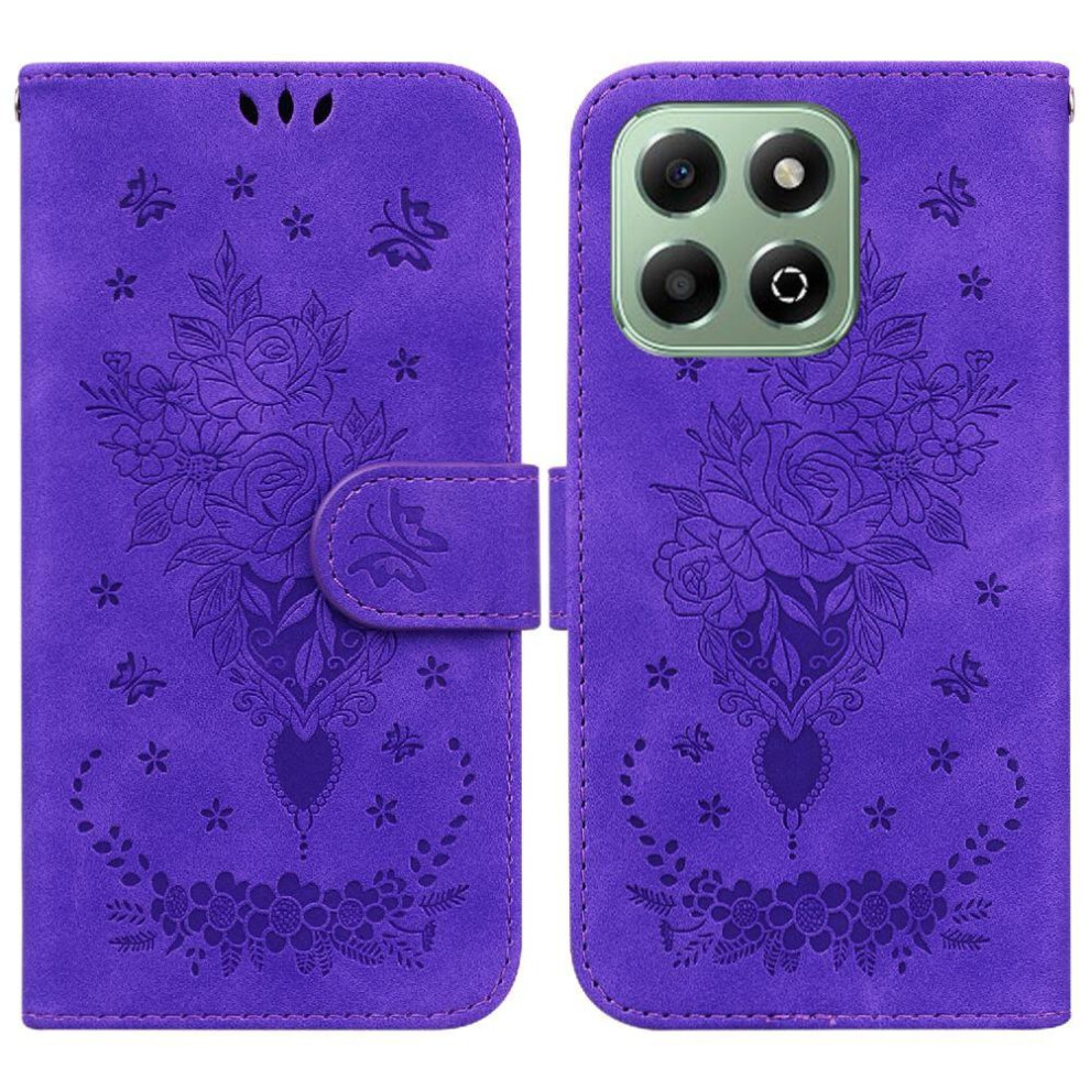 (Purple) Case For Honor X6b Card Slots Emboss Rose Flowers Kickstand Flip Pu Leather Cover Wallet Case Purple 764563614646