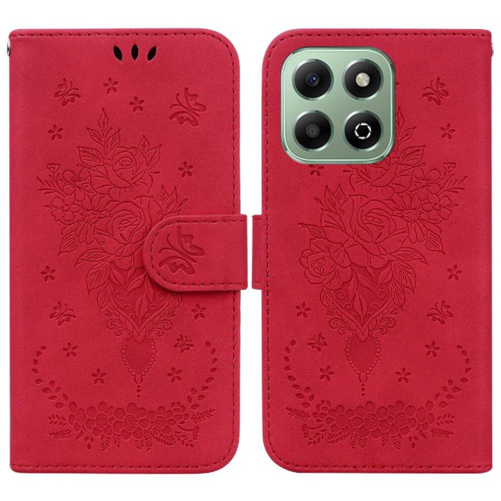 (Red) Case For Honor X6b Card Slots Emboss Rose Flowers Kickstand Flip Pu Leather Cover Wallet Case Red 764563614653