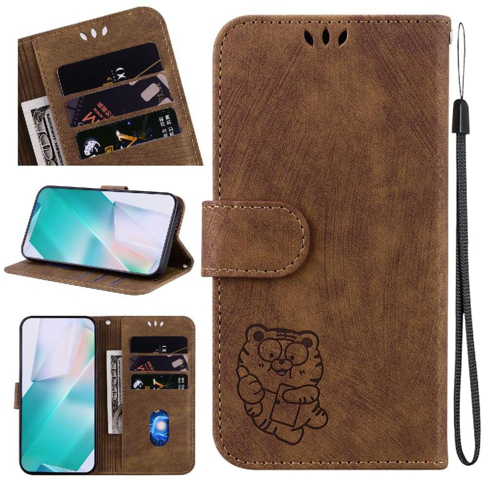 (Brown) Case For Honor X6b Card Pocket Holder Cover Flip Folio Wallet Case Embossed Cute Tiger Brown 764563614745