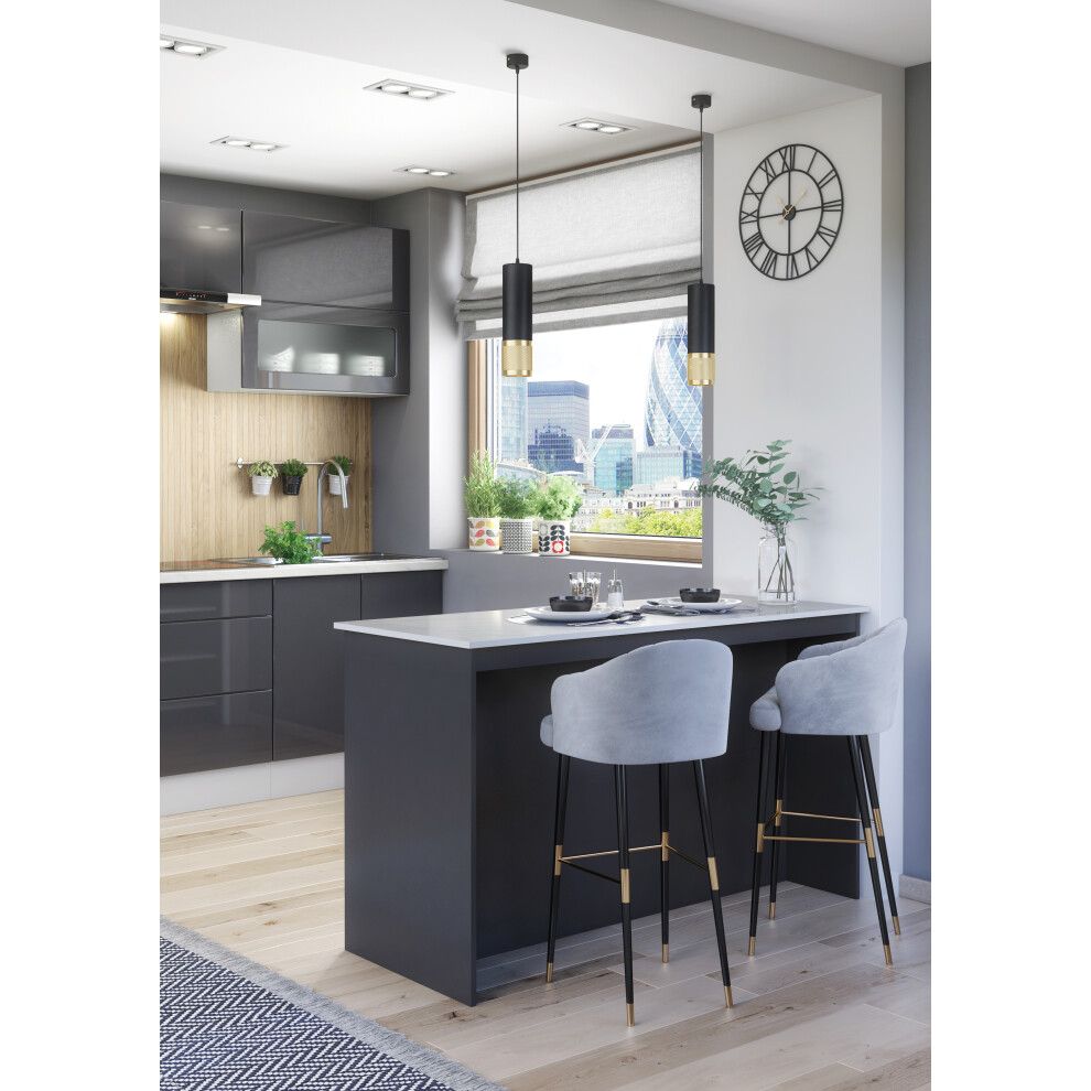Kitchen Island Modern Breakfast Bar Shelves Graphite & Marble Effect KI02