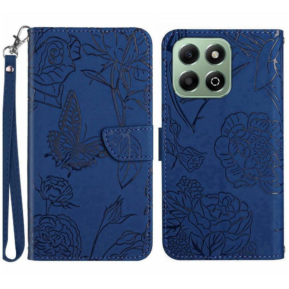 (Blue) Case For Honor X6b Flowers And Butterflies Pu Leather Flip Cover Anti-Drop Protection Shockproof Leather Case With Wrist Strap Blue 764563615025