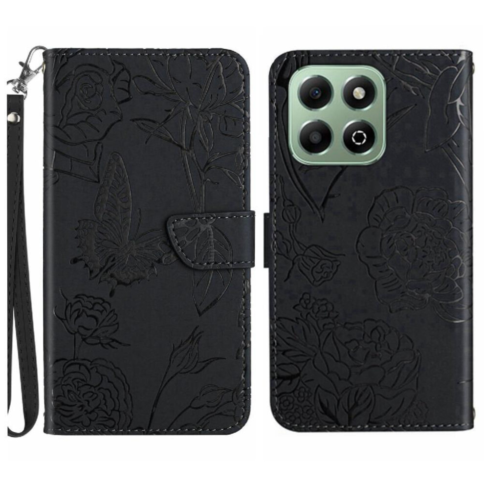 (Black) Case For Honor X6b Flowers And Butterflies Pu Leather Flip Cover Anti-Drop Protection Shockproof Leather Case With Wrist Strap Black 764563615049