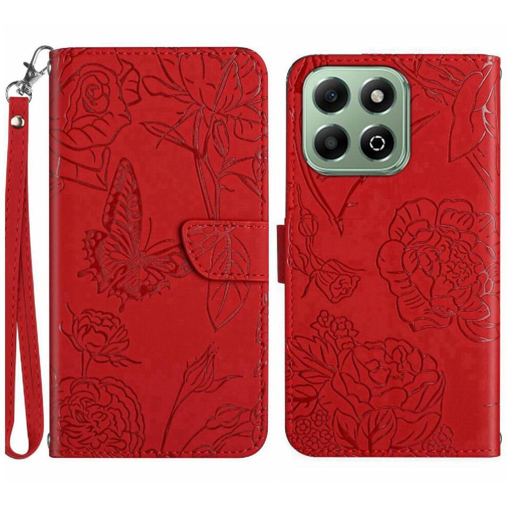(Red) Case For Honor X6b Flowers And Butterflies Pu Leather Flip Cover Anti-Drop Protection Shockproof Leather Case With Wrist Strap Red 764563615001