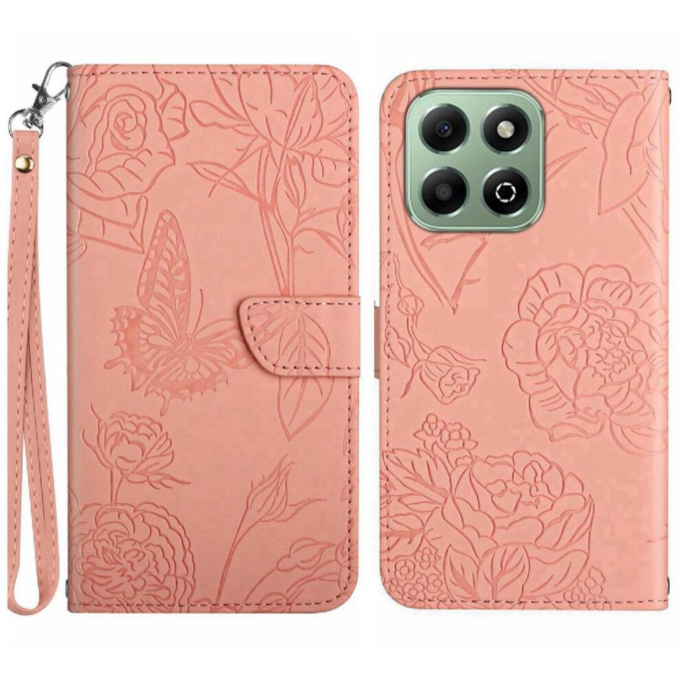 (Pink) Case For Honor X6b Flowers And Butterflies Pu Leather Flip Cover Anti-Drop Protection Shockproof Leather Case With Wrist Strap Pink 764563615018