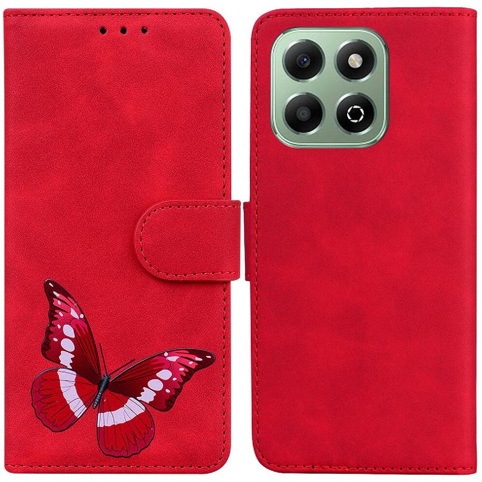 (Red) Flip Case For Honor X6b Card Slots Butterfly Flip Folio Cover Wallet Color Printed Red 764563615223