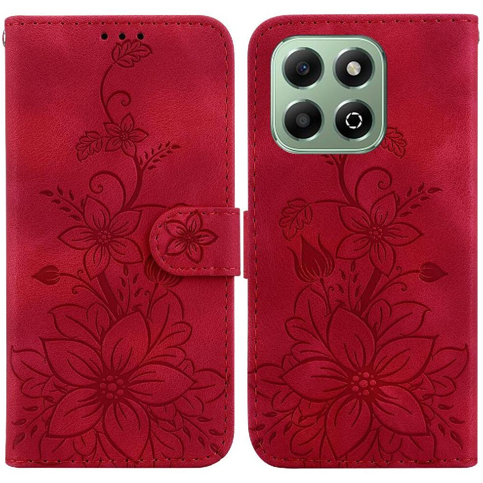 (Red) Flip Case For Honor X6b Kickstand Wallet Embossed Lily Card Holder Magnetic Red 764563615407