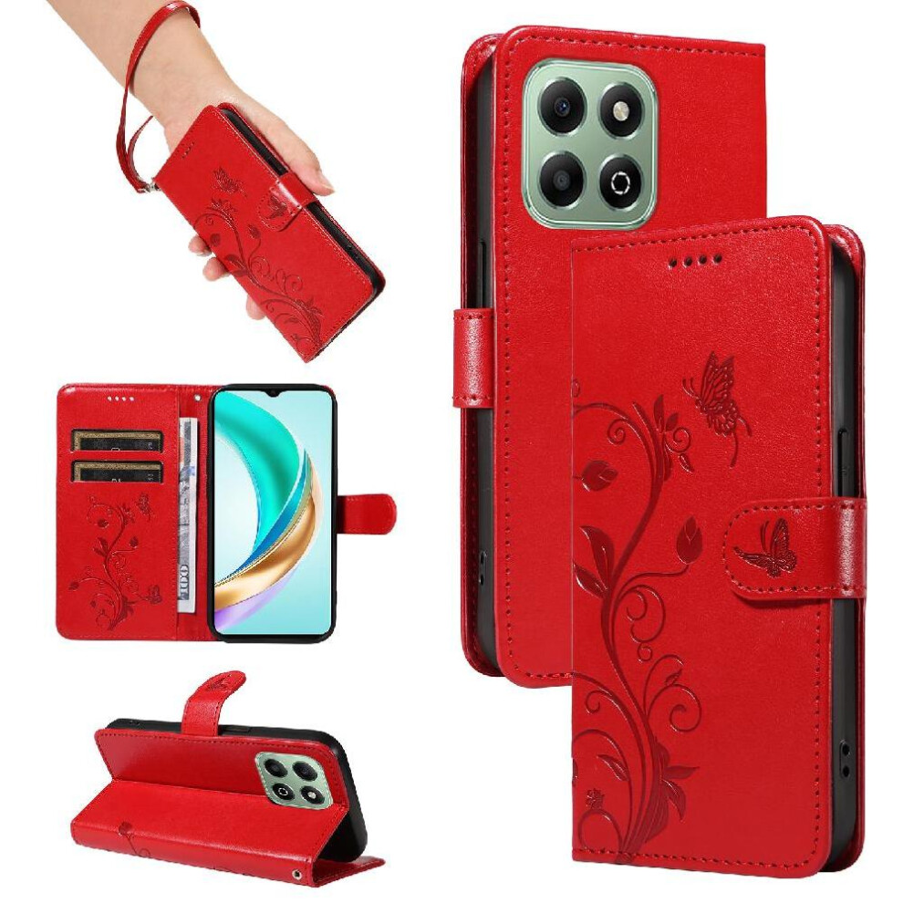 Photos - Case   for Honor X6b 4g and Card Slot Embossed Butterfly High Quality Leather Wallet Phone  with Hand Strap(Red)
