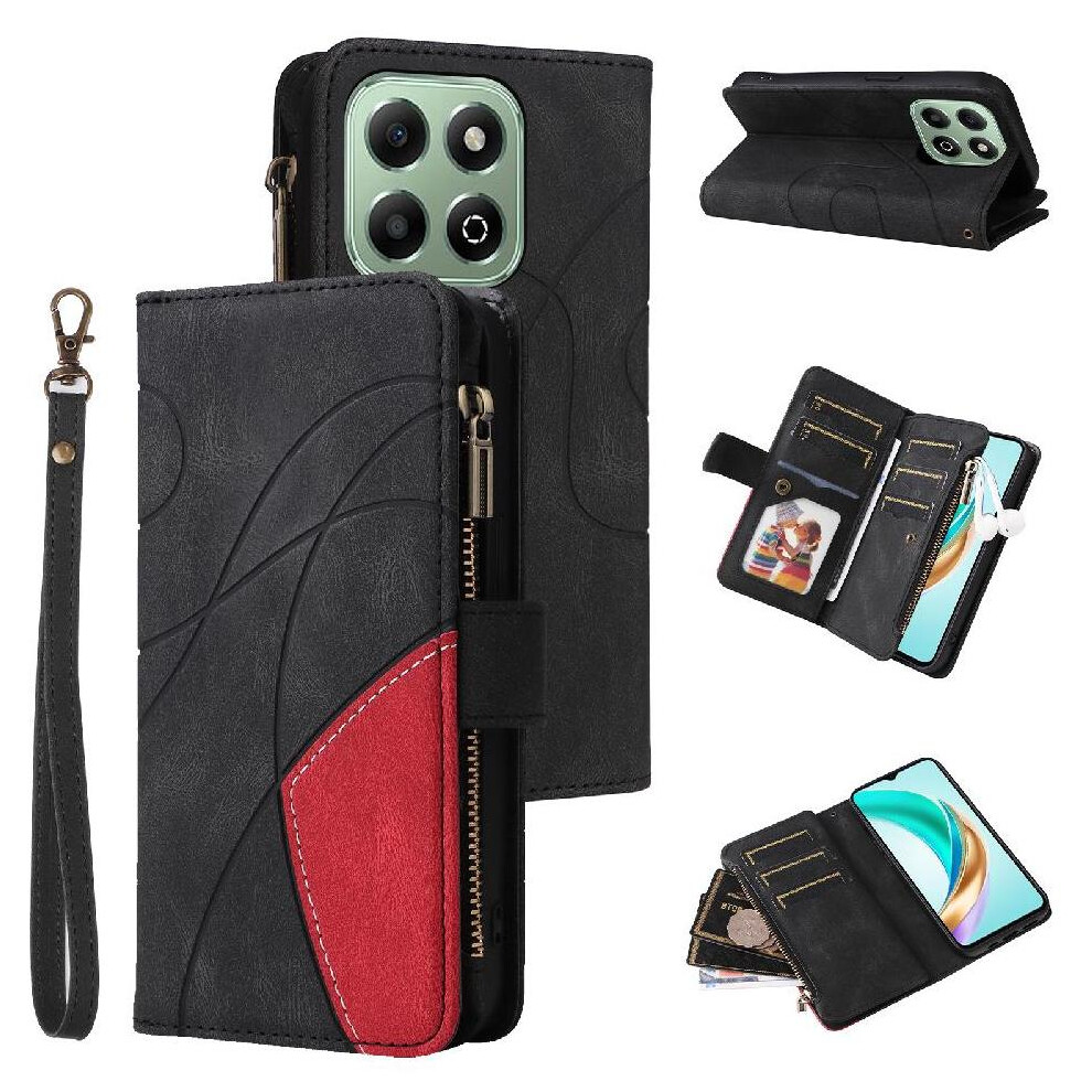 (Black) Case For Honor X6b With Card Slot Stand Kickstand Protective Zipper Wallet Style Nine Card Slots Two-Color Stitching Black 764563615797