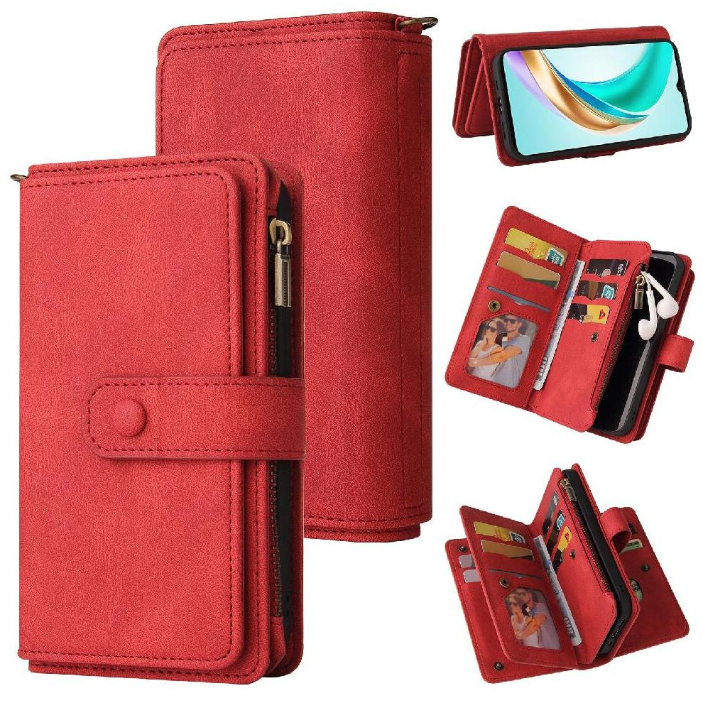 (Red) Wallet Phone Case For Honor X6b With Card Slot Stand Zipper Poket Pu Leather Magnetic Closure Fifteen Card Slots Red 764563615971