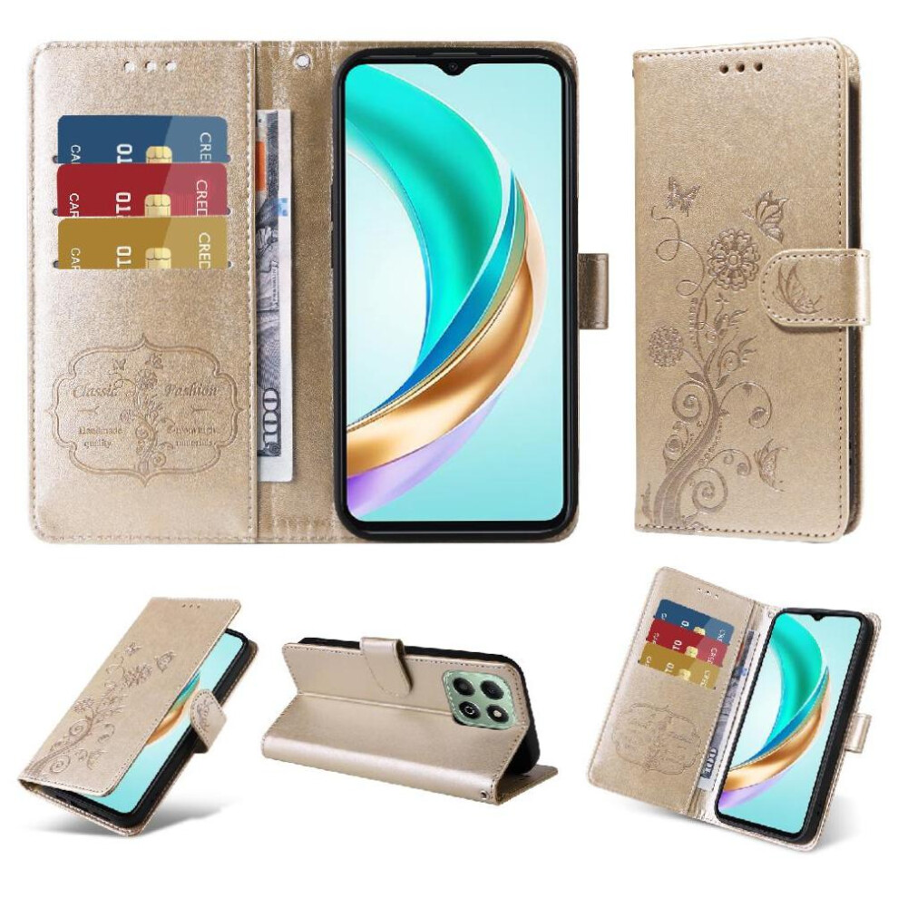 (Gold) Flip Case For Honor X6b 4G Flip Leather Flower Cardslots Gold 764563616138