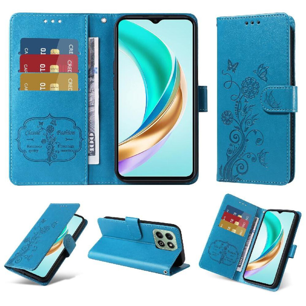 (Blue) Flip Case For Honor X6b 4G Flip Leather Flower Cardslots Blue 764563616121