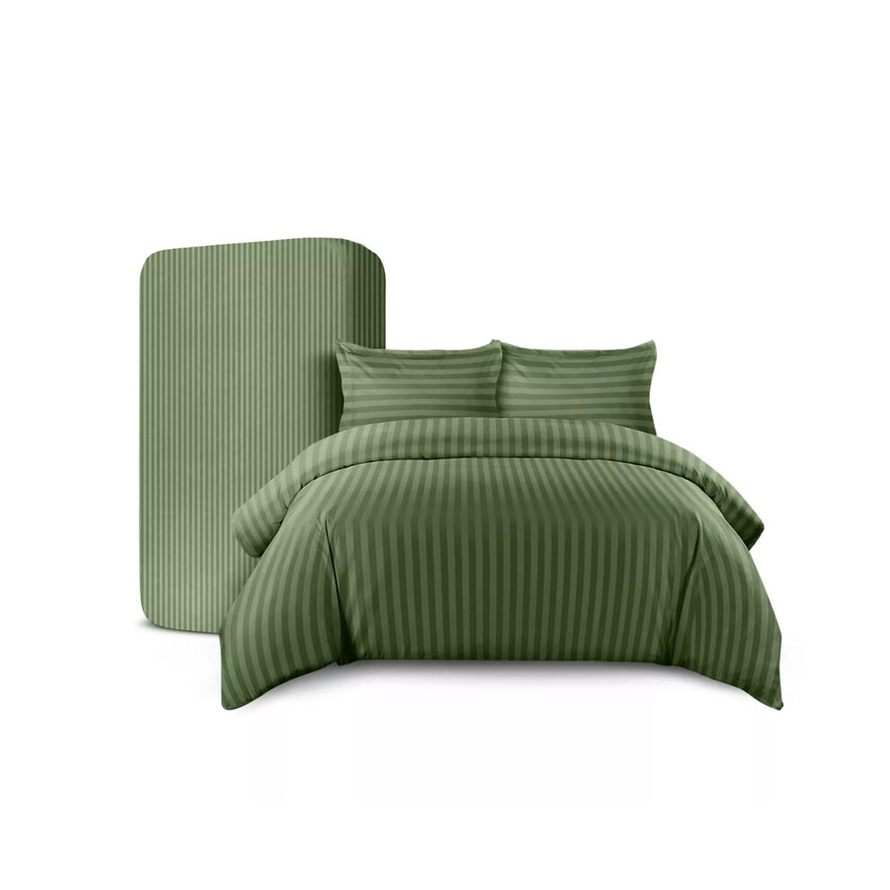 (Single , Olive Green) Luxury Stripe Duvet Cover Bedding Set Fitted Sheet