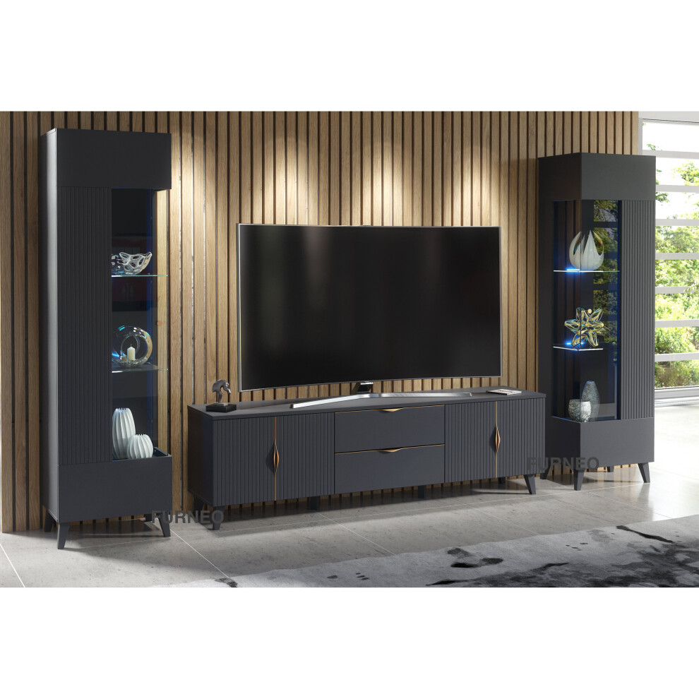 (Blue LED Lights ) Furneo Grey Living Room Set TV Stand Display Cabinets Azzurro10/12G LED Lights
