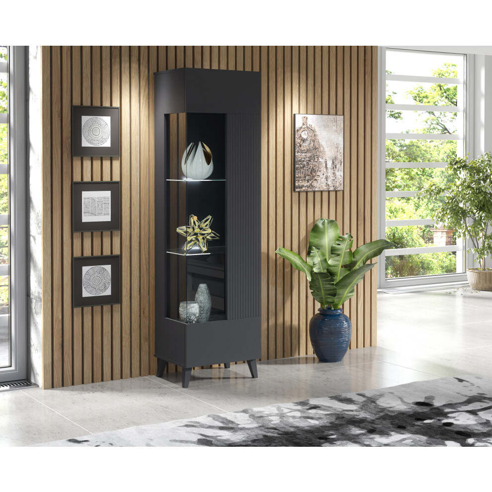 (White LED Lights) Furneo Grey Display Cabinet Storage Modern Glass Cupboard High Gloss & Matt Azzurro12G LED Lights