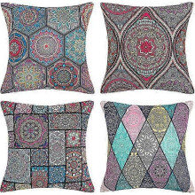 A Set of 4 Bohemian Style Square Pillow Covers in Modern Mandala Design 45cm x 45cm Made of Cotton and Linen Suitable for Sofas Beds Chairs and Cars