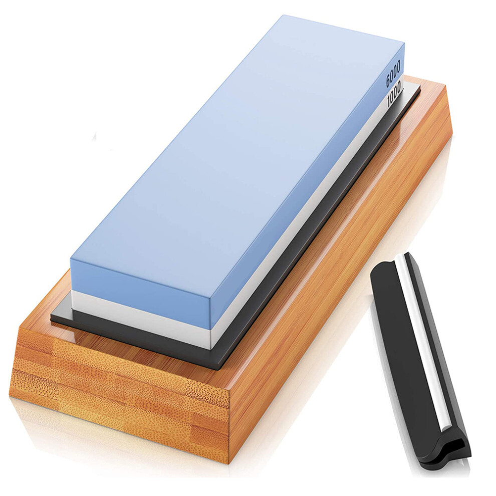 Premium knife sharpening stone, 1000/6000 grain,  double-sided,  anti-slip bamboo base and angle guide.-image-OPC-PHMZWMN-NEW