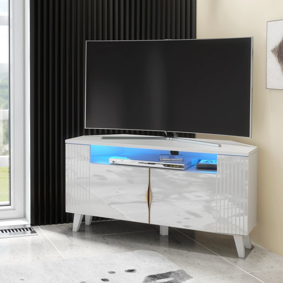 (Blue LED Lights) Furneo White Corner TV Stand 100cm Unit Cabinet Matt & High Gloss Azzurro06 Brushed Gold Handles LED Lights