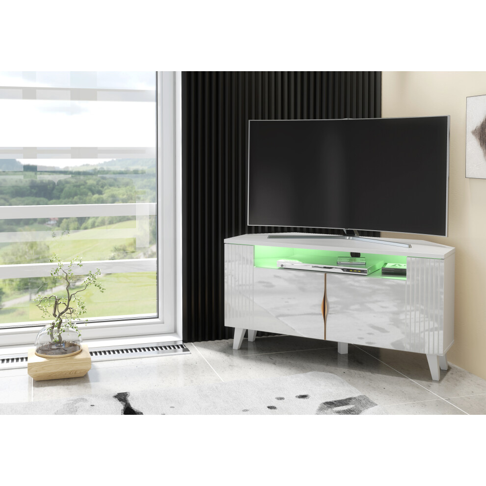 (RGB (multicoloured) LED Lights) Furneo White Corner TV Stand 100cm Unit Cabinet Matt & High Gloss Azzurro06 Brushed Gold Handles LED Lights