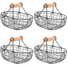 4X Retro Metal Basket with Wooden Handle - Portable Multi-Function for Vegetables Fruits Eggs Groceries