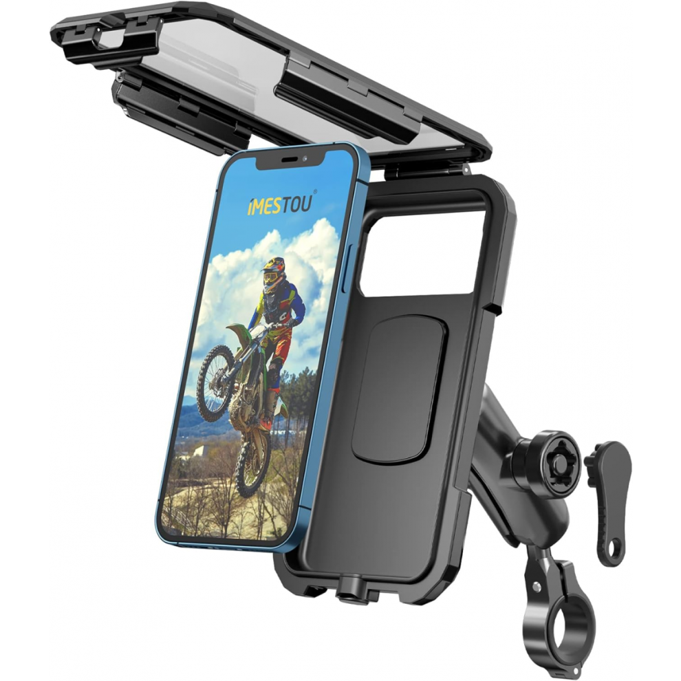 Anti-Theft Waterproof Motorcycle Phone Holder- Bike Phone Mount 1" Ball Handlebar Stem Mobile Holder with Double Socket Arms 720 Rotat