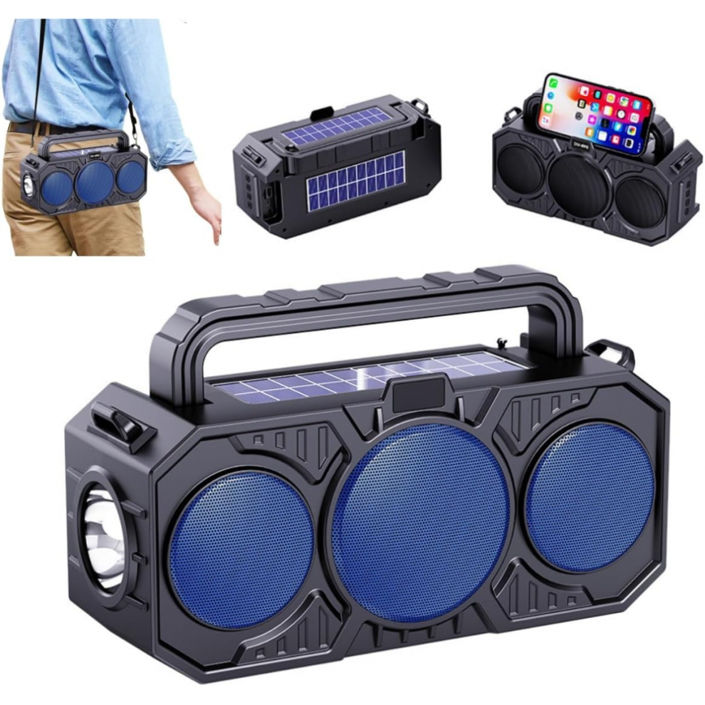 Outdoor Wireless Tooth Speaker Dual Solar, Portable With Flashlight Lighting Support Tf Card Usb Player Audio Fm Radio (Blue) Blue 6219466210241